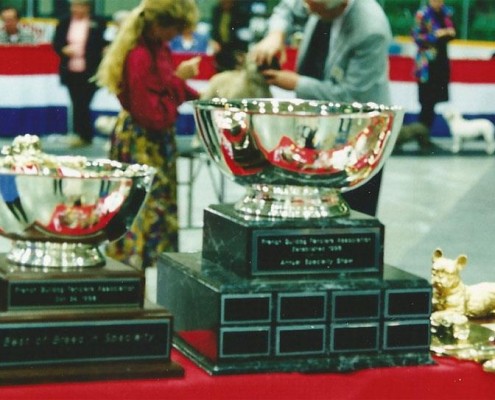 Trophy table, FBFA Specialty, 1998. This was the first EVER French Bulldog specialty held in Canadian breed history.